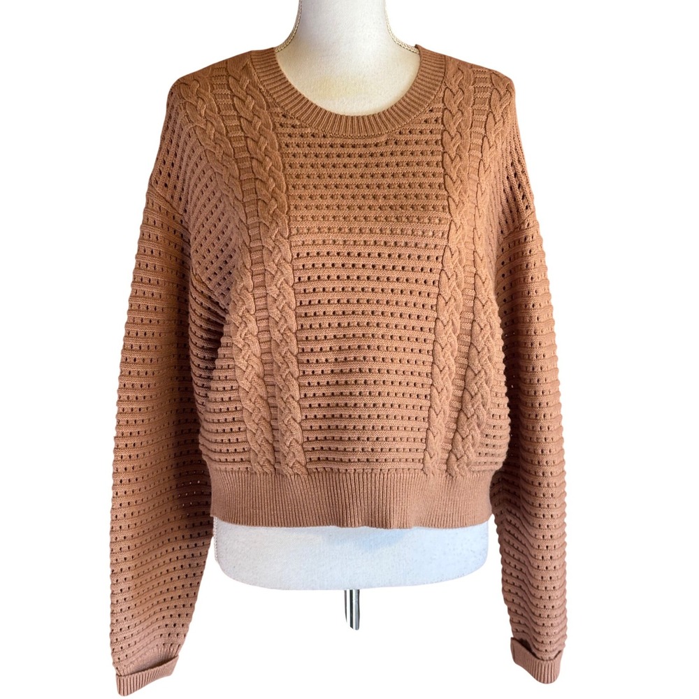 Current Air Los Angeles Brown Cable Knit Pointelle Sweater Crew Neck Medium